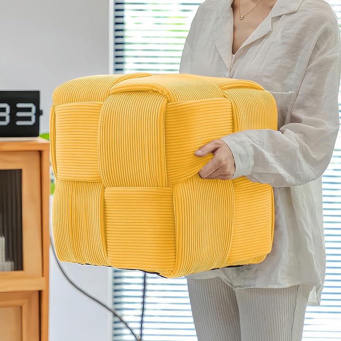 Cmishe 15" Square Woven Corduroy Ottoman Footrest - Modern Vanity Stool for Living Room & Entryway, Eco-Friendly Wood Frame, No Assembly (Yellow)
