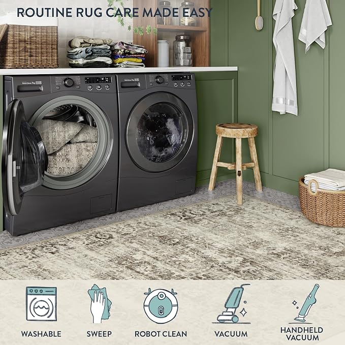 Lahome Margot Washable Rugs 5x7 Boho Living Room Area Rug,Soft Throw Bedroom Area Rug,Retro Distressed Non-Slip Low-Pile Accent Rug Indoor Carpet for Entryway Office Home Decor(5 x 7,Beige)