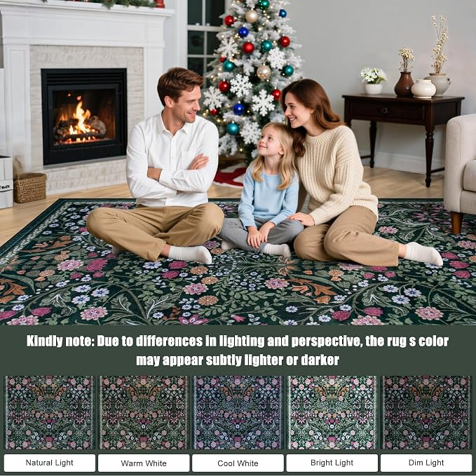 8x10 Area Rugs for Living Room: Floral Washable Rug Vintage Large Soft Boho Non-Slip Carpet Indoor Floor Stain Resistant Carpets for Bedroom Dining Room Farmhouse Nursery Home Office Dark Green