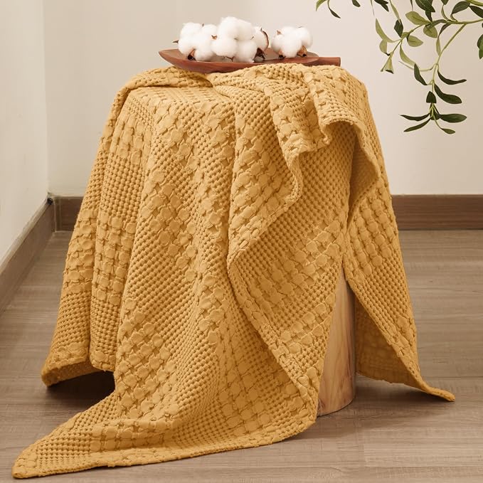 PHF 100% Cotton Waffle Throw Blanket for Couch, Lightweight Breathable and Soft for Summer, Luxury Aesthetic Waffle Weave Blanket for Home Decor & Office, Gifts for Women, 50"x60", Pumpkin Orange