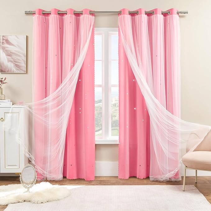 XiDi Pink Curtains 96 Inches Long for Girls Bedroom Living Room Privacy Room Darkening Double Layer Curtains with Sheer Overlay for Kids Toddler Princess Nursery Room Grommet Window Drapes W34 X L96