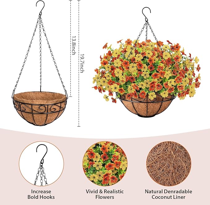 Artificial Fake Hanging Flowers Plants Basket Outdoors, Faux Silk UV Resistant Look Real Daisy Eucalyptus for Spring Summer Garden Porch Home Patio Balcony Yard Decorations, Orange Yellow