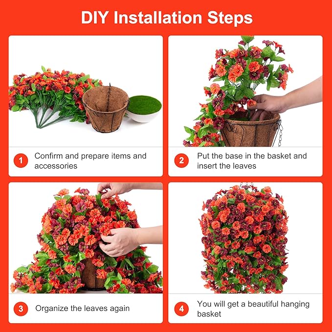 INXUGAO Artificial Flowers with Hanging Basket, Outdoor Faux Plants Silk Morning Glory Vines, Fake Green Arrangement for Garden Patio Spring Summer Decor(4pcs,Orange Brown)