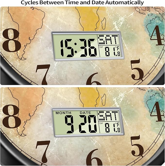 12 Inch Vintage Colorful World Map Wall Clock, Silent Non-Ticking Battery Operated Analog Clock with LCD Calendar & Temperature Display, Retro Modern Wall Clock for Home Office, Bar, Man Cave Decor