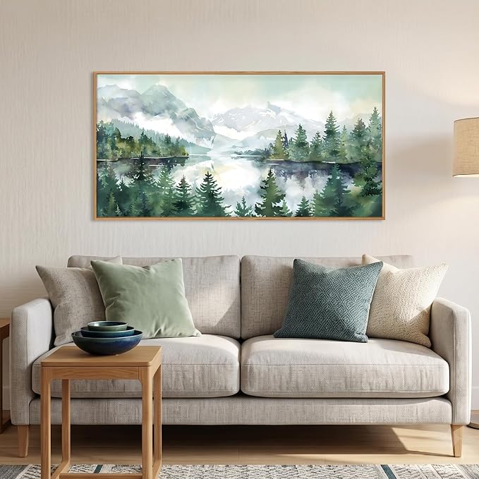 Watercolor Mountain Framed Canvas Wall Art Set,Green Forest Lake Wall Decor,Nature Boho Pine Tree Wall Painting,Foggy Wilderness Landscape Artwork for Living Room,Bedroom,Office-40 X20 X1