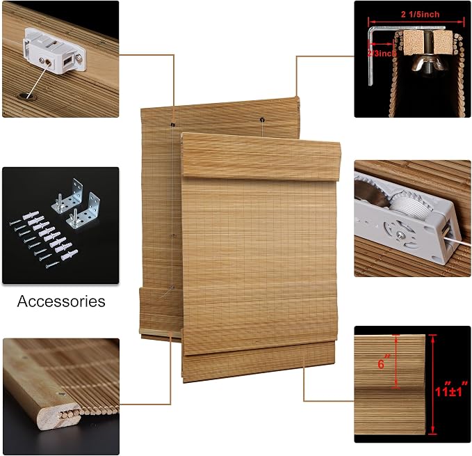 LazBlinds Custom Size Cordless Bamboo Roman Shades, Carbonized | Natural Light Filtering Bamboo Window Blinds, Bamboo Blinds for Bedroom Living Room Office Indoor