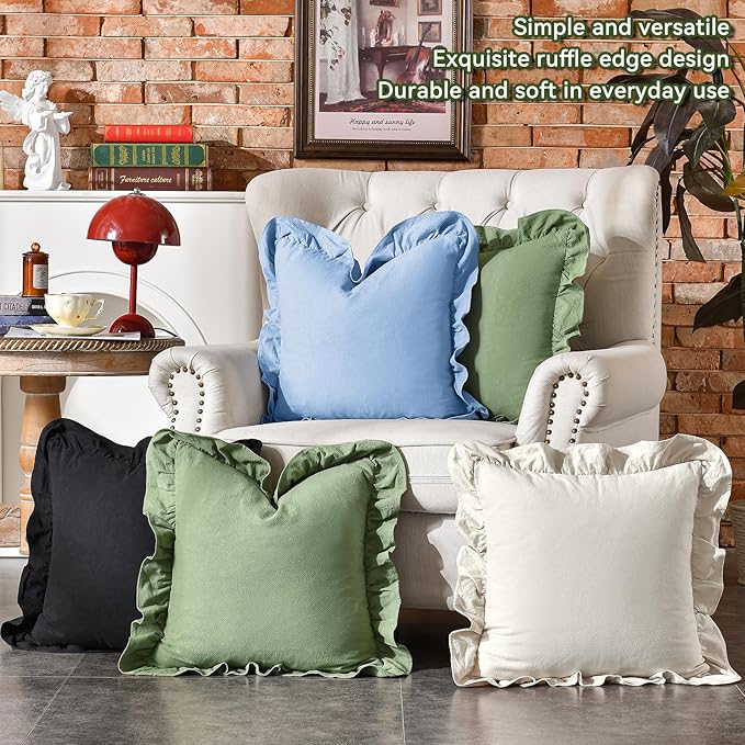 AmHoo Pack of 2 Throw Pillow Covers 100% Cotton Pre Washed Ruffle Decorative Pillowcase Cushion for Couch Sofa Bedroom 16 x 16-Inch Sage Green