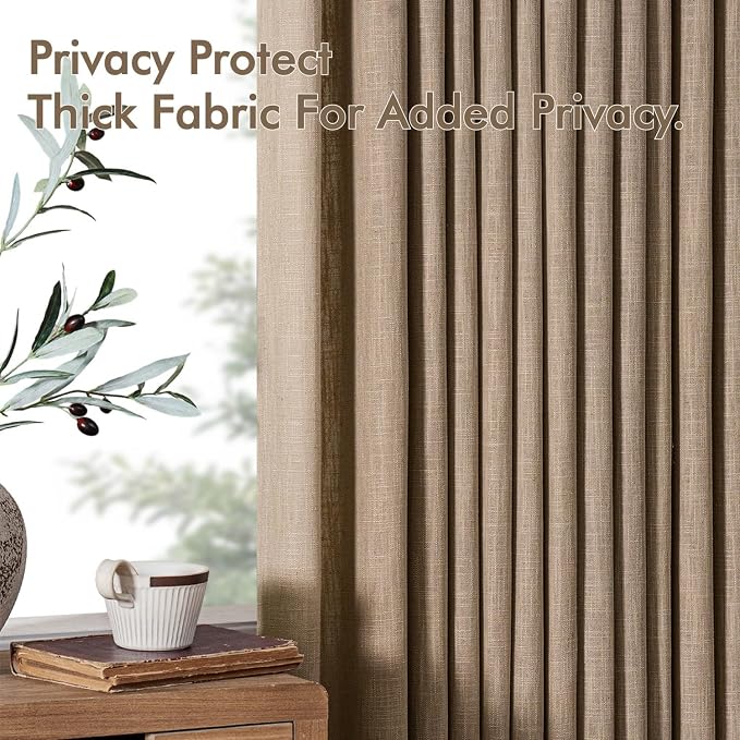 MIULEE Pinch Pleated Thick Linen Curtains 90 Inches Long 2 Panels for Living Room Bedroom, Linen Texture Memory Trained Brown Drapes Pleat Back Tab Light Filtering Country Farmhouse Burlap Curtains
