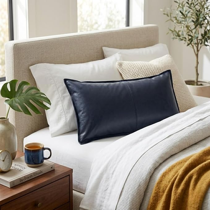 Genuine Leather Pillow Cover Case for Lumbar Throw Couch Pillows - Modern Farmhouse Decorative Sofa Thick & Soft Cushion Covers (Royal Blue, 16" x 24")