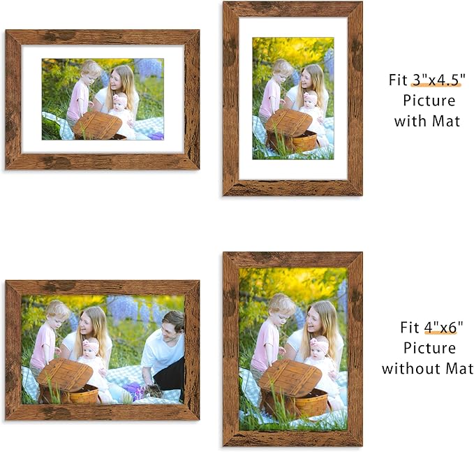 Picrit 4x6 Picture Frame Set of 12, Display 3.5x5 with Mat or 4x6 without Mat, Photo Frames for Wall Mounting or Table Top Display, Brown