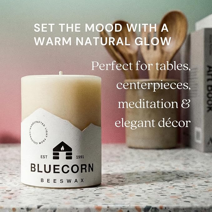 Bluecorn Beeswax Pillar Candles, Ivory White, 3x4, 6 Pack | 100% pure Beeswax, Non Toxic, Unscented, Clean Burning, Cotton Wick, Dripless