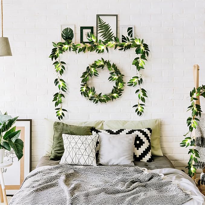 RECUTMS Willow Leaves String Lights 2Packs Artificial Leaf Rattan Light Hanging Vine 20LEDs Battery Operated Ivy Greenery for Home Wedding Party Wall Indoor Outdoor Decor