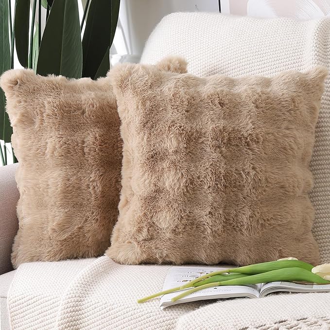 MADIZZ Pack of 2 Thick Plush Faux Wool Throw Pillow Covers Soft Boho Throw Pillows Luxurious Cushion Covers for Couch Sofa Bedroom Living Room Home Decor 22x22 Inch Camel