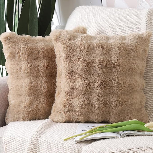 MADIZZ Pack of 2 Thick Plush Faux Wool Throw Pillow Covers Soft Boho Throw Pillows Luxurious Cushion Covers for Couch Sofa Bedroom Living Room Home Decor 20x20 Inch Camel