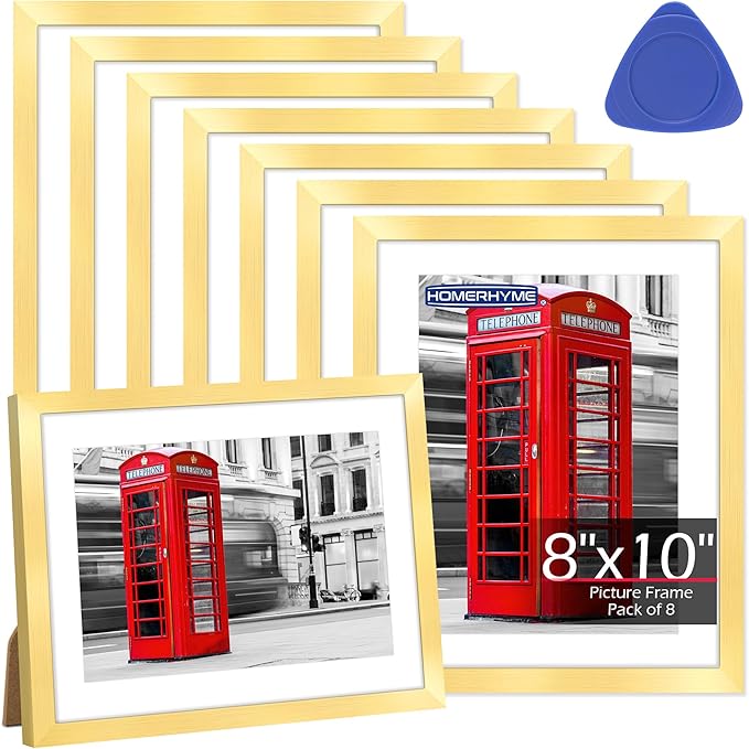8x10 Picture Frame Set of 8, Gold Photo Frames for Tabletop or Wall Display, Fits Pictures 5x7 with Mat or 8x10 Without Mat, Frame Collage with HD Plexiglass for Gallery Home Wall Decor