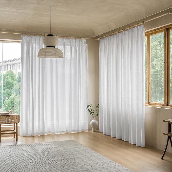 MAIHER Beige White Extra Wide Pinch Pleated Drapes 84 Inch Length, Faux Linen Light Filtering Semi Sheer Pinch Pleated Curtains for Living Room, Privacy Protection (1 Panel, 100" W x 84" L)