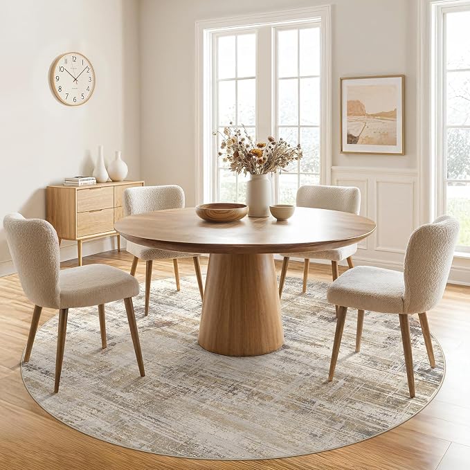 UERMEI 6ft Round Area Rug for Living Room: 6x6 Washable Neutral Abstract Modern Soft Circle Rugs Non Slip Indoor Floor Stain Resistant Carpet for Bedroom Dining Room Office Nursery Golden Brown