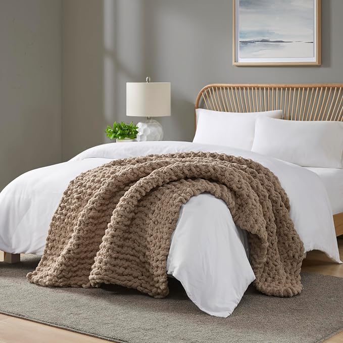 Madison Park Chenille Chunky Knit Handmade Throw Blanket, Luxuriously Soft Gift Blankets, Cottage Style Room Décor, Lightweight & Breathable All Seasons Throw Blanket for Couch, 50" W x 60" L Brown