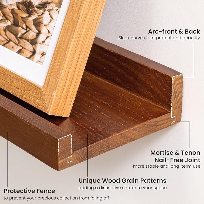Acovy Solid Ash Wood Picture Ledge Shelf, 56 Inch, Walnut, Set of 2 | Floating Shelves, Wall Mounted, For Living Room Bedroom Kitchen Nursery, Large Ledge Shelves
