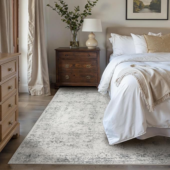 Rugxara Area Rugs for Living Room Bedroom, Washable Rug, Grey Vintage Abstract Boho Rug, Non Slip & Low Pile Wool Carpet for Indoor Dining Room, Farmhouse, Kids Room and Office(Grey 4x6ft)