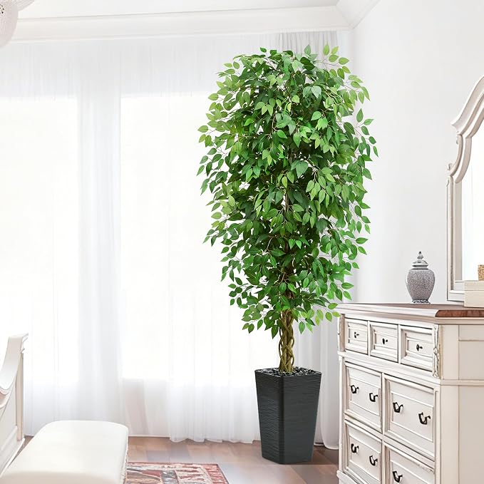 7FT Artificial Ficus Tree, 84 Inch Realistic Faux Silk Ficus Floor Plant with Black Planter & Pebbles, Tall Fake Potted Tree for Indoor Home Office Living Room Corner Decor