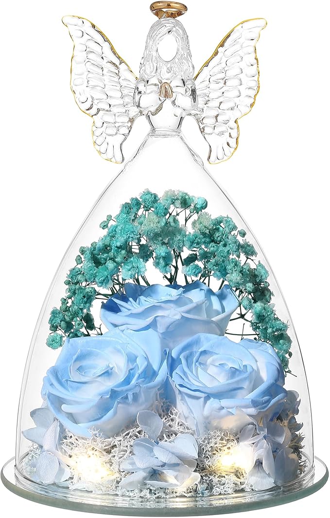 Mothers Day Rose Gifts for Women Preserved Real Flower in Glass Angel Figurines Roses for Delivery Prime Birthday Gifts for Mom Grandma Girlfriend Wife Her, Sky Blue White