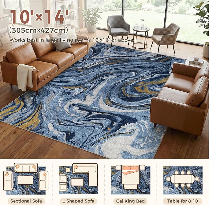 DMOYEST 10x14 Area Rug for Living Room - Washable Neutral Modern Abstract Rugs Soft Non-Slip Carpet Low Pile Indoor Floor Mat for Bedroom & Dining Room Decor for Families with Kids and Pet- Dark Blue