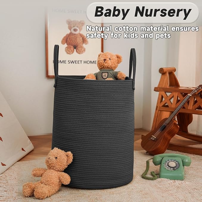 JMvicyroam Large Woven Laundry Basket Hamper,60L Cotton Rope Storage Bin for Blankets,Toys and Clothes,Decorative Tall Nursery Hamper for Living Room,Baby Nursery,Bathroom and Bedroom,Black