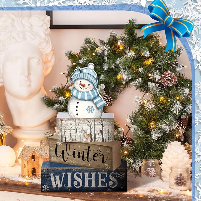 Lineshading 4 Pcs White Table Decor Wooden Snowman Blue and White Winter Tiered Tray Decor Christmas Table Centerpiece Wooden Rustic Snowman Block Sign Gifts Farmhouse for Home Kitchen Shelf