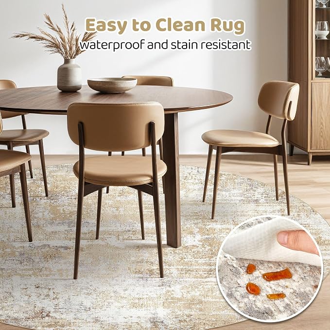 LOONGRUG Round Rug Living Room Rugs: 8Ft Washable Circle Large Abstract Modern Soft Stain Resistant Non Slip Indoor Floor Carpet for Bedroom Nursery Office Dining Room Dorm Home House Decor- Gray Gold
