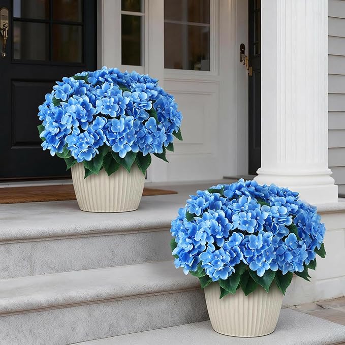 FOTEEWL 8 Bundles Artificial Hydrangea Flowers for Outdoor Decor, Realistic Faux Silk Bouquets Sun-Resistant Fake Plants for Front Door Balcony Farmhouse Garden Home Spring Summer Decor (Blue)