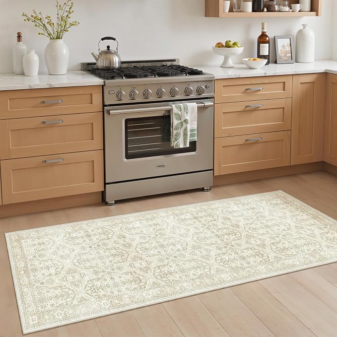 Soalmost Runner Rug 2x6 Washable Non-Slip Kitchen Runner Rugs for Bathroom Laundry Room Beige/Brown Vintage Floor Carpet Runners for Hallway Entryway
