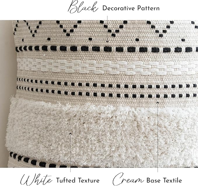 BlissBlush 12x20 Lumbar Pillow Cover, Cream Neutral Rectangular Decorative Cushion Cover with Black Pattern, Cotton Boho Accent Pillowcase with Tassels for Couch Sofa Living Room (Cover Only)