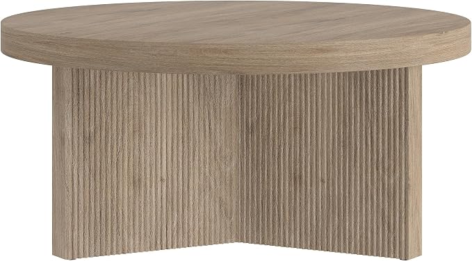 Henn&Hart 32" Fluted Round Low-Profile Coffee Table with Ribbed Pedestal Base for Living Room, Family Room, Office, or Apartment, Weathered Gray