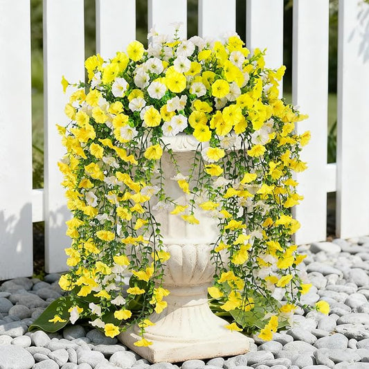 Fake Artificial Hanging Morning Glory Flowers for Outdoor Planters Porch Pation Decoration,8 Bundles UV Resistant Silk Faux Flowers with Realistic Eucalyptus Plants for Home Office Garden Decor