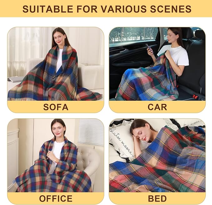 Woolly Throw Pure Wool Blanket - Large 55x83 inches, 1.5 lbs,Wool Fringed Knee Throw Blanket for Couch Bed Outdoor Travel,Soft Lightweight Breathable Blanket for All Season,Blue-red Lattice
