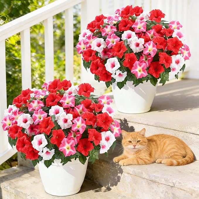 MARTINE MALL Artificial Flowers for Outdoors, 4 Bundles Realistic Fake Outdoor Flowers, UV Resistant Silk Petunia Flower for Outside Look Real Faux Flower Plants for Outdoor Porch, Red Pink White