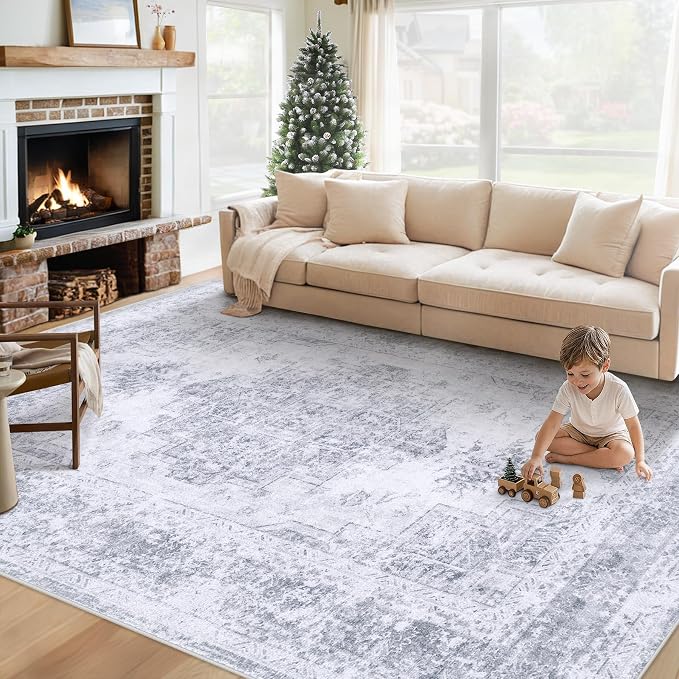 XLUEZ Area Rug 6x9 Living Room Rug, Machine Washable Vintage Distressed Medallion Rug Non-Slip Soft Low Pile Large Indoor Rugs for Bedroom Kitchen Dining Room Office(LightGrey,6'x9')