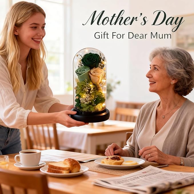 HipTree Preserved Morandi Green Rose in Glass Dome with LED Lights - Forever Eternal Rose Gifts for Women, Valentines Day Mothers Day Birthday Christmas Wedding Anniversary for Mom Wife Girlfriend