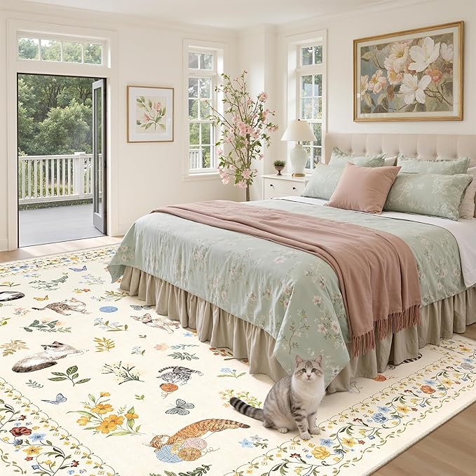 Soalmost Cat 8x10 Area Rugs for Living Room, Machine Washable Animal Floral Vintage Rug Non-Slip Low Pile Soft Throw Large Rugs for Bedroom Dining Room Kitchen Nursery Playroom (8 x 10,Beige)