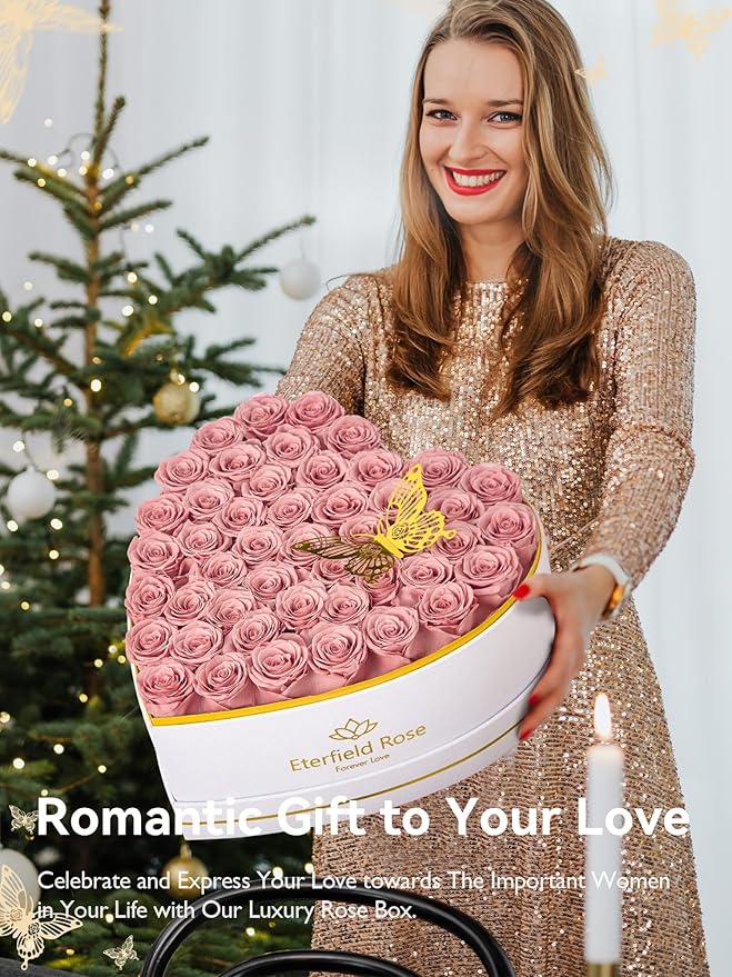 Eterfield 47 Forever Flowers in Heart Shape Box, Preserved Roses That Last a Year Preserved Flowers Birthday Gifts for Her Mom Women Wife Anniversary Valentines Day Mothers Day Christmas, Dusty Pink