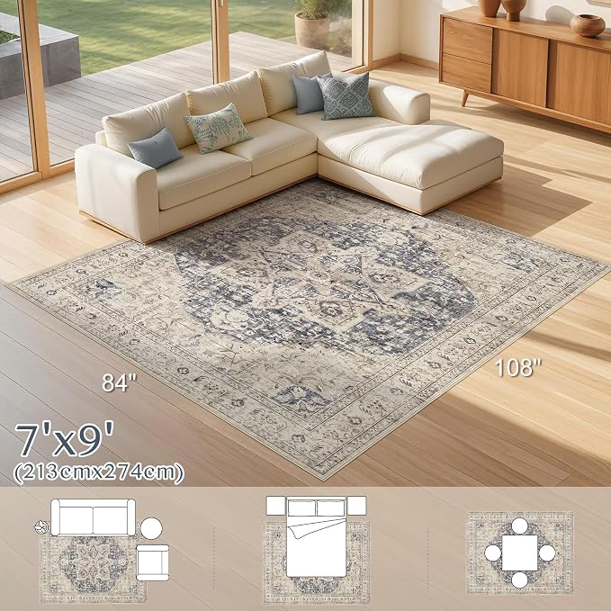 Tortania Area Rug Living Room Rugs - 7x9 Washable Boho Rug Vintage Oriental Distressed Farmhouse Large Thin Indoor Carpet for Living Room Bedroom Under Dining Table Home Office - Cream Blue