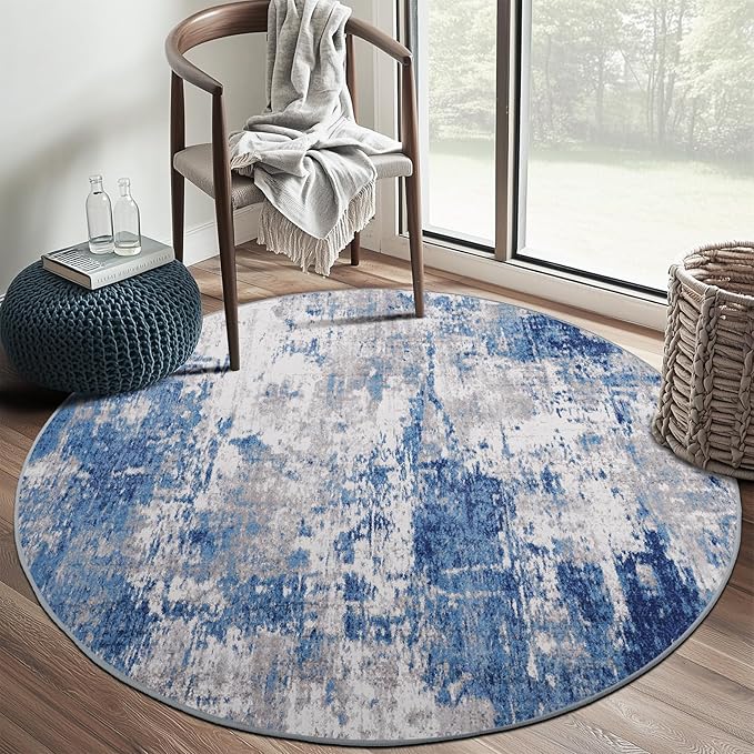 RELEANY Washable Area Rugs 6ft Non-Slip Modern Abstract Soft for Living Room Entryway Bedroom Nursery, Print Pattern, Blue Grey Navy Gray