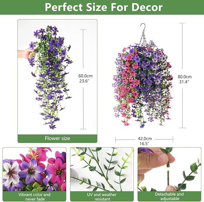 INQCMY Artificial Fake Hanging Plants Flowers Basket for Spring Outdoor Outside Porch Decoration,UV Resistant Faux Silk Flower in Planter for Home Patio Balcony Garden Yard Decor,Mixed Color