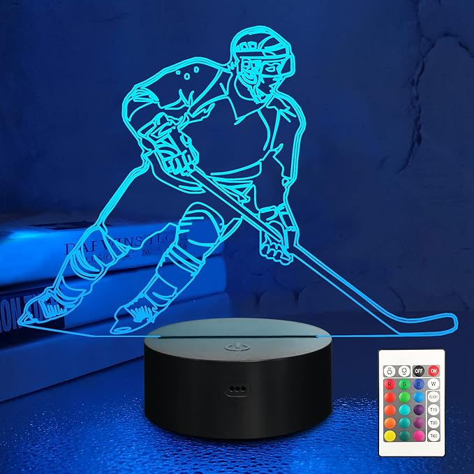 Lampeez Ice Hockey Player 3D Night Lights for Kids LED 16 Colors Remote Control Changing Touch Dimmable Table Desk Lamp Birthday Xmas Gifts Home Decor for Sports Hockey Fan