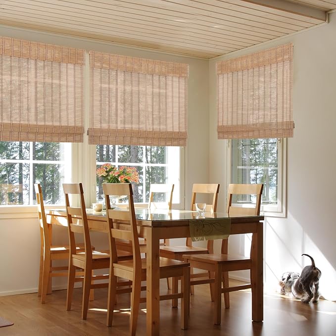 Sunbox Cordless Bamboo Roman Shade, Room Darkening Woven Wood Shades | Natural Caramel Brown Bamboo Window Shades for Living Room Bedroom Kitchen Doors, Easy to Install