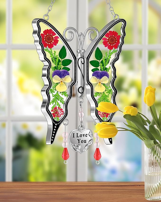 KY&BOSAM Butterfly Suncatcher I Love You Stained Glass Window Hanging Wind Chime Ornament with Pressed Dried Flowers Wings and Metal Heart Charm for Mom Mothers Day Valentines Birthday Christmas