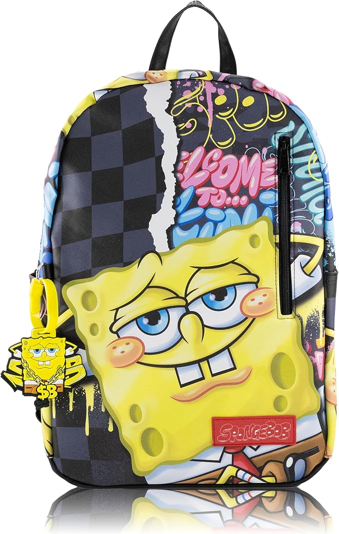 Fast Forward SpongeBob SquarePants Backpack for Teens | 16" Saffiano Leather School Bookbag with Rubber Luggage Tag | SpongeBob Bag for Boys, Girls, Unisex | Officially Licensed Nickelodeon
