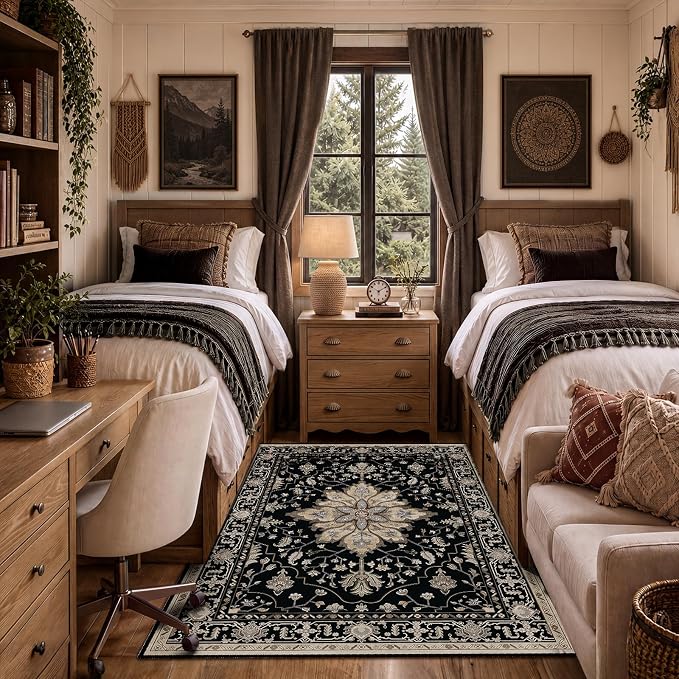 RELEANY Area Rugs 3'x5' Washable Non-Slip, Floral Vintage Distress Medallion Carpet for Living Room Bedroom Dining Room, Black Brown Neutral Dark Tan