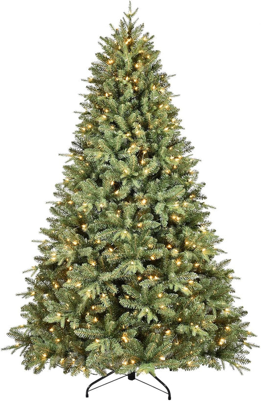 6FT Pre-Lit Artificial Christmas Tree with 1458 PE&PVC Mixed Branch Tips, 400 Warm White Lights, Hinged Premium Spruce Fake Xmas Trees, Green, Foldable Base